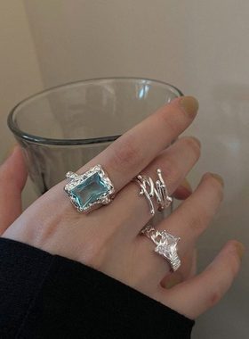 日韩S925银蓝色锆石戒指女复古时尚个性线条交叉开口指环食指戒潮