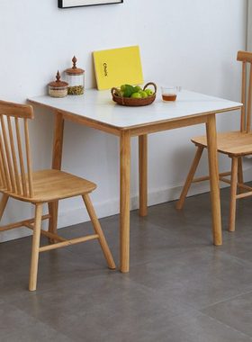 纯实木小方桌小户型家用四方桌子正方形岩板餐桌奶油风餐桌椅组合