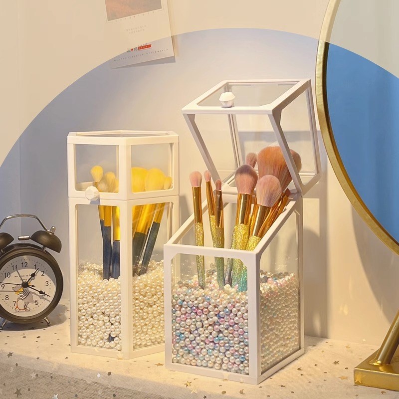 化妆刷收纳筒透明玻璃防尘桌面加珍E珠轻奢高级带盖眉笔刷子收纳