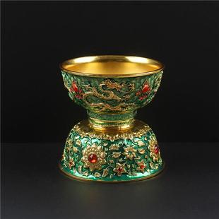 复古珐琅彩金碗摆件仿古精雕双龙戏珠碗家居风水装饰铜器入门收藏