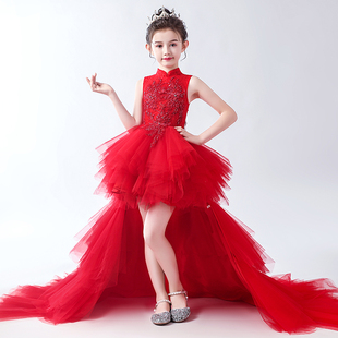儿童年服演出服女童礼服红色拖尾模特走秀钢琴演奏过年儿童服装