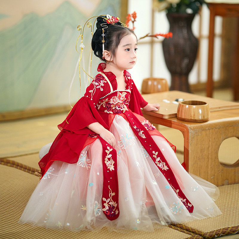 女童汉服宝宝周岁衣服儿童演出服超仙国风襦裙红色古风唐装连衣裙