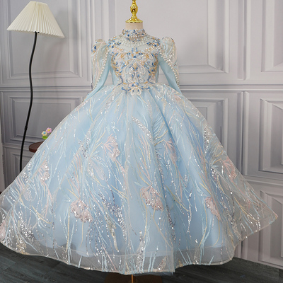 主持人礼服女童秋冬长袖儿童钢琴演奏服花童小女孩生日高端演出服