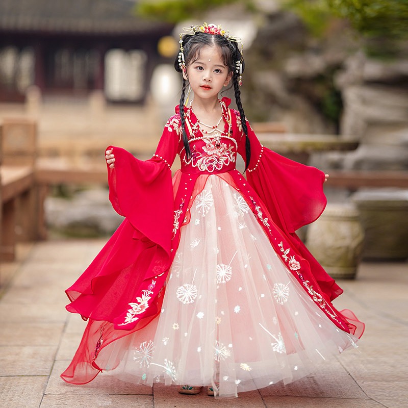 汉服女童2026新款古筝演出服儿童古装日常中国风红色宝宝周岁唐装
