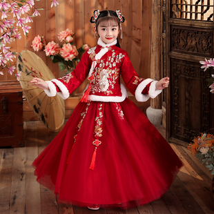 拜年服加厚红色喜庆汉服冬装女童新中式唐装过年儿童年服演出服