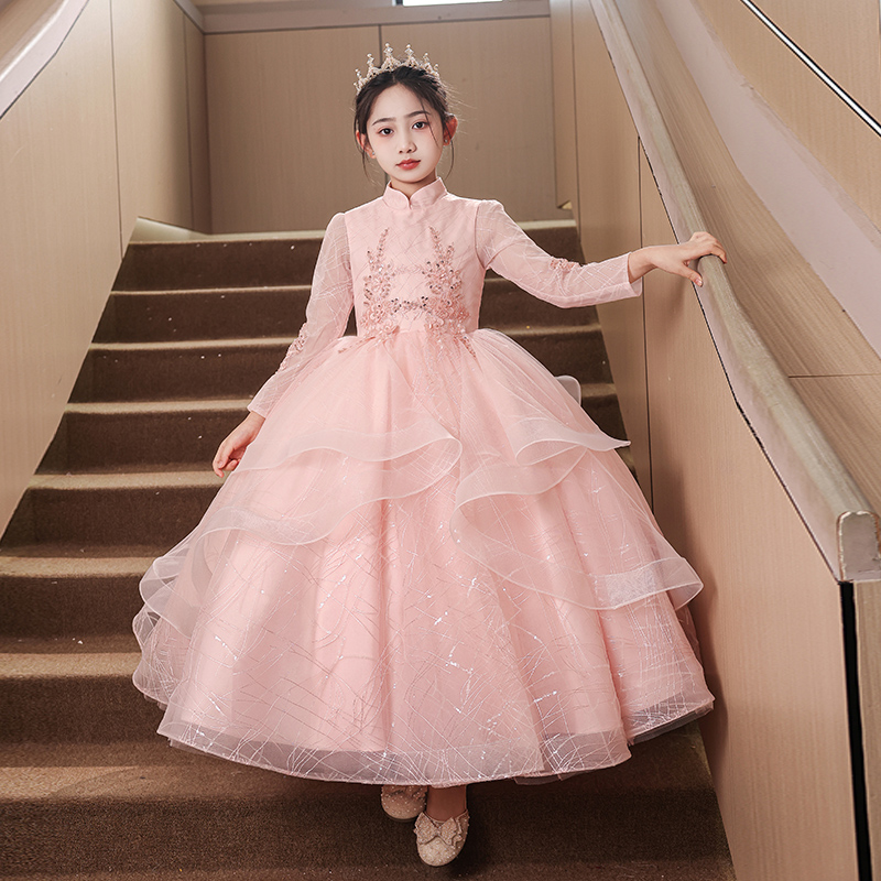 主持人女童礼服高端轻奢小众长袖儿童钢琴演奏粉色生日宴会演出服