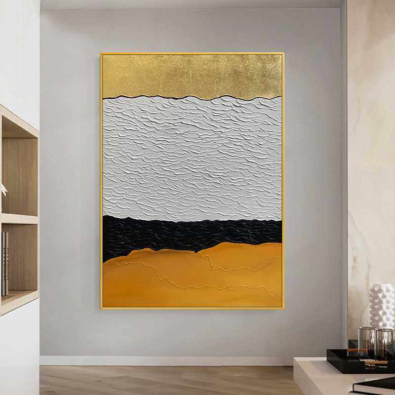 手绘油画黑白龙鳞金箔现代客厅玄关轻奢背景墙装饰画餐厅立体挂画