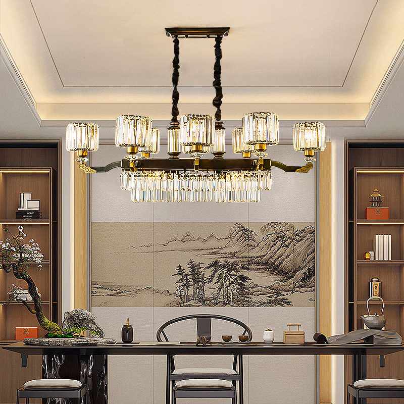 新中式长方形餐厅水晶吊灯现代简约轻奢饭厅吧台灯饰中山灯具工厂