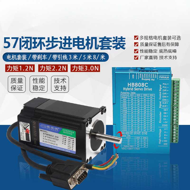 57闭环电机套装1.2N 2.2N 3N 混合伺服电机带编码器+驱动器HB808C