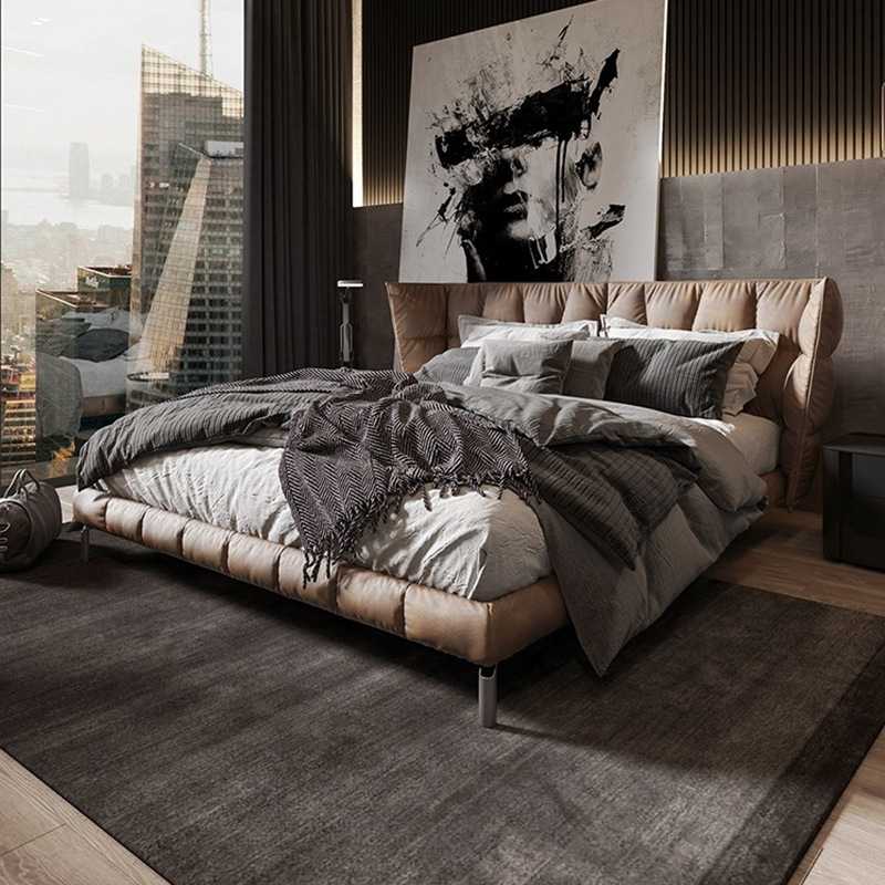 意式轻奢高背主卧床现代简约纳帕皮艺家具设计师实木1.8米婚床