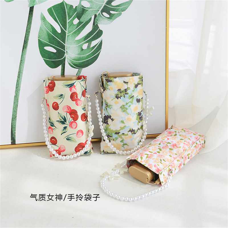 日系小巧田园碎花六折黑胶防紫外线伞珍珠伞带森系迷你遮阳手机伞