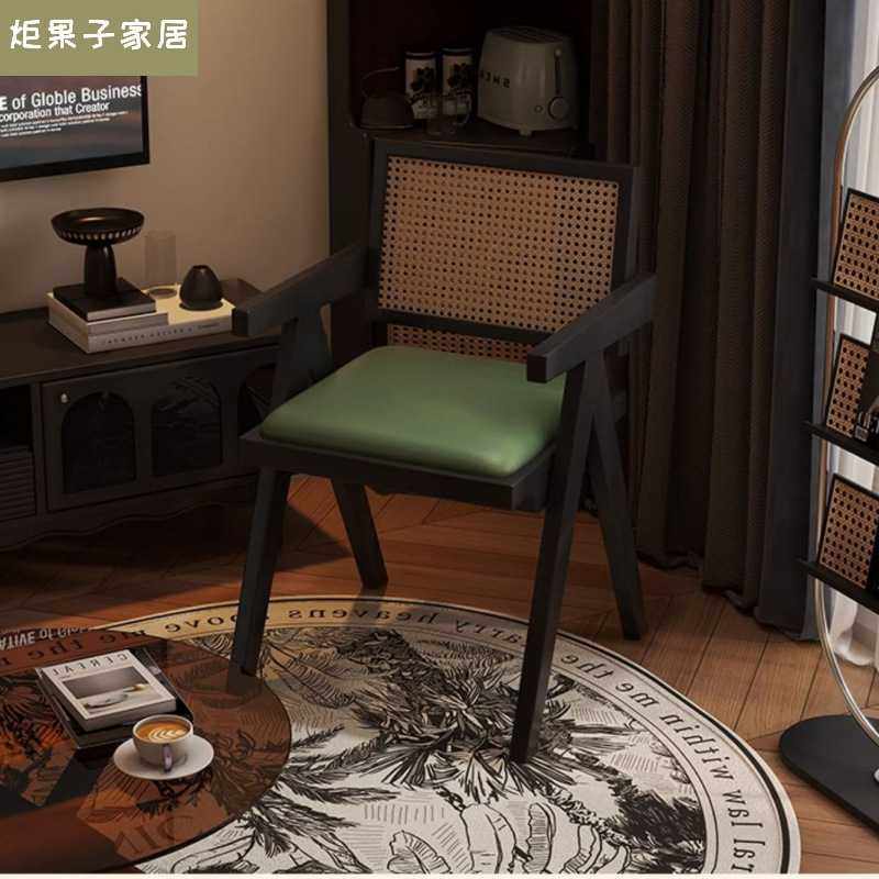 实木藤编餐椅现代简约家用扶手日式靠背书桌椅中古餐桌椅子炬果子