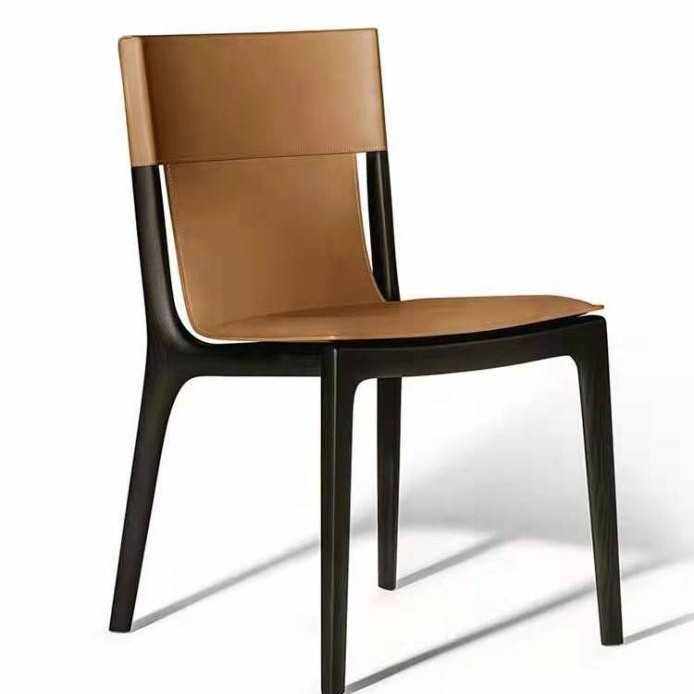 意大利餐椅白蜡木实木马鞍皮餐椅现代简约家用餐厅凳子设计师家具