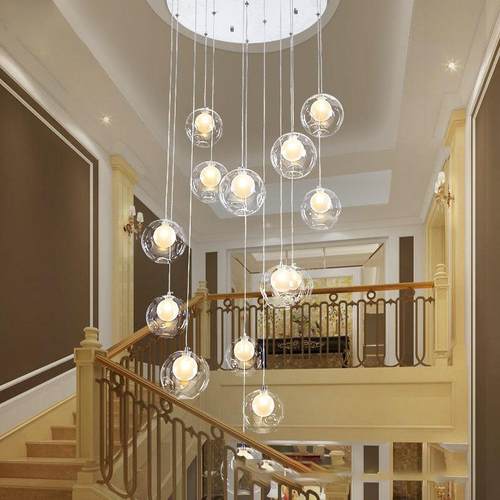 现代简约楼梯灯玻璃圆球艺术客厅吊灯别墅复式楼旋转楼梯长吊灯具