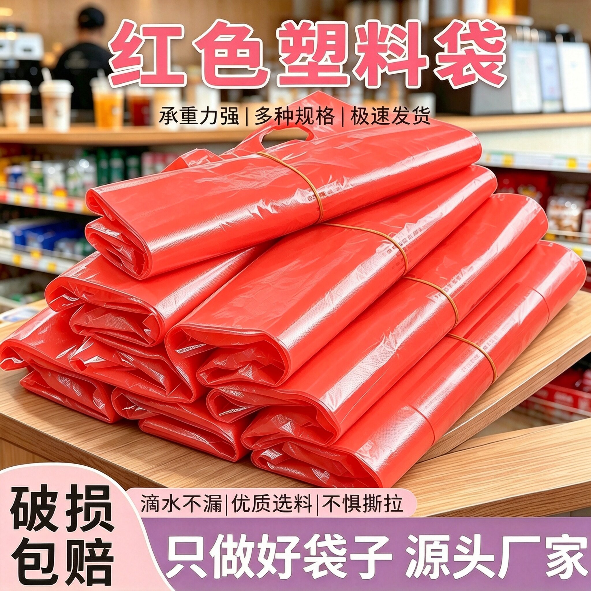 食品级红色 PE 塑料袋加厚手提背心袋商用一次性打包袋多规格批发