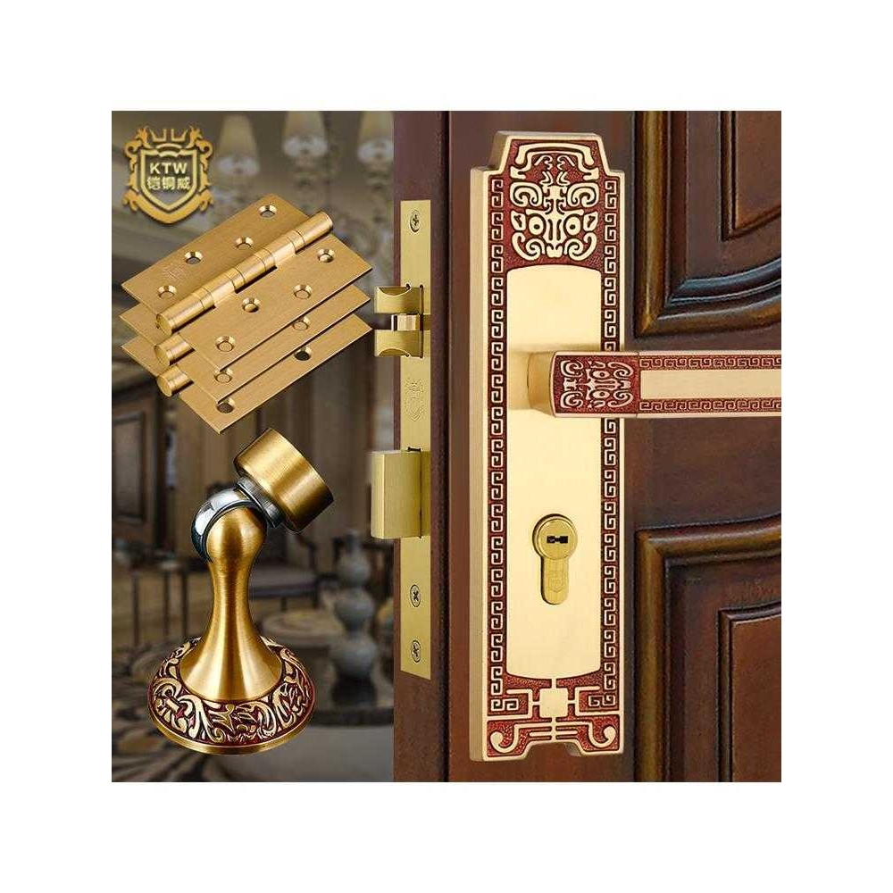铠铜威 新中式铜室内实木门锁三件套房间门静音锁套餐合页门吸