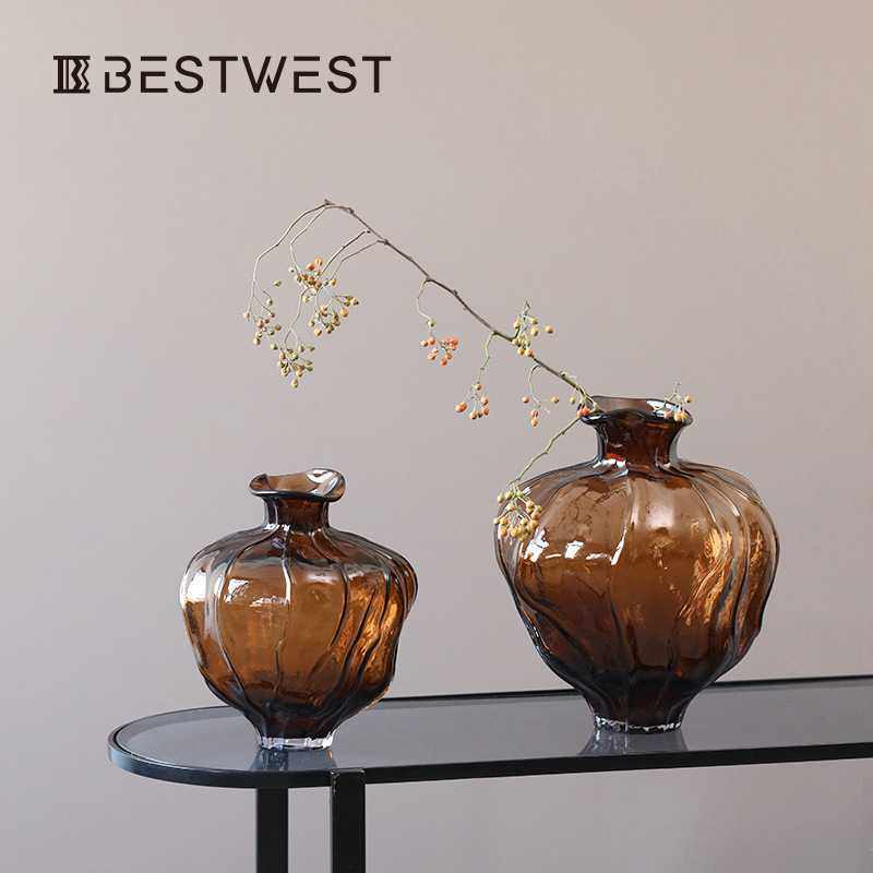 博西家居北欧手工波浪口花边新棕色大肚子玻璃花瓶样板间客厅装饰,玩具/童车/益智/积木/模型,垂直悬浮玩具,淘宝优惠券,粉丝福利购,淘宝优惠卷