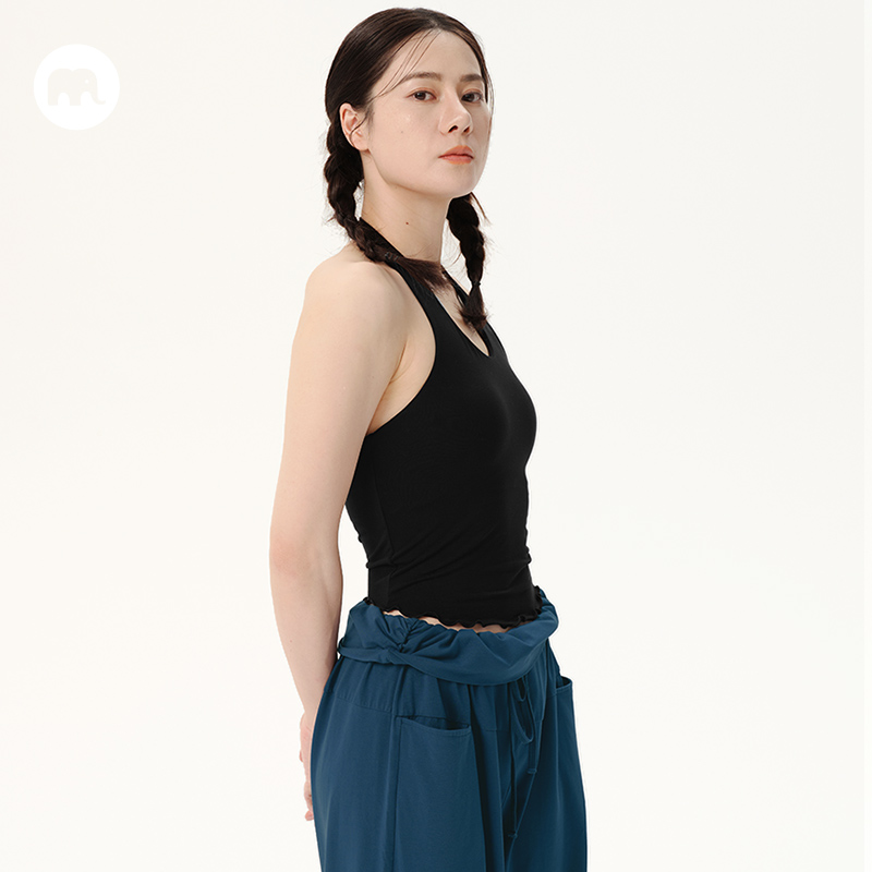 omshan·挂脖木耳边瑜伽背心带胸垫 露背修身吊带气质上衣