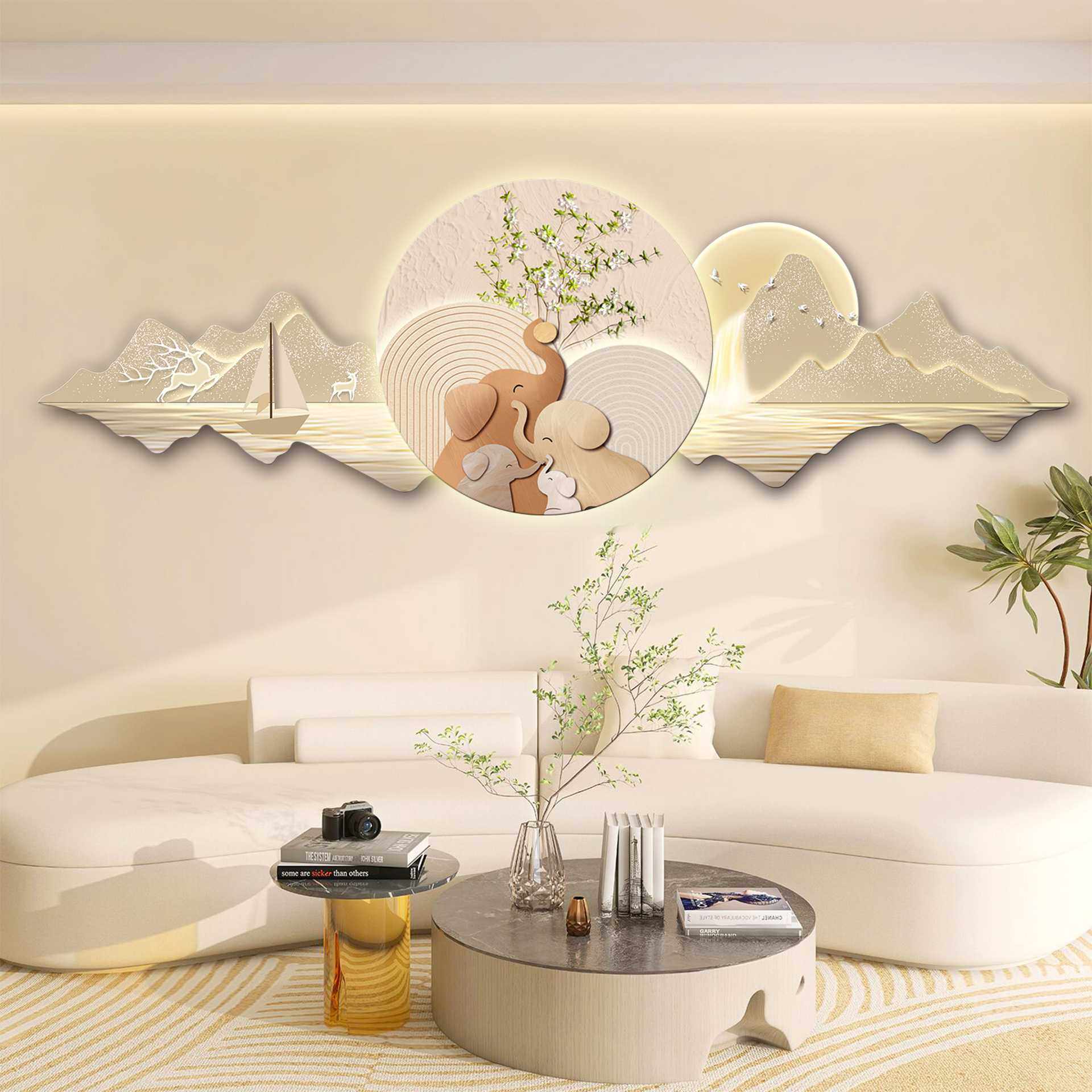 led带灯轻奢奶油客厅装饰画纯手绘沙发背景墙挂画壁画简约现代