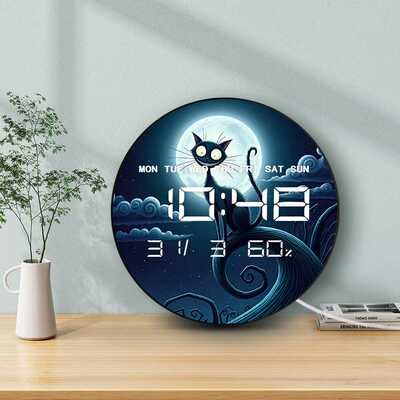 爱情动漫宠物猫简约挂钟电子多功能家用时钟带温度湿度静音墙钟