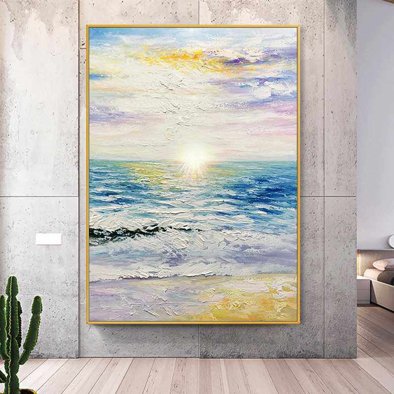 手绘油画北欧玄关客厅沙发背景墙装饰画日出云海现代餐厅挂画轻奢