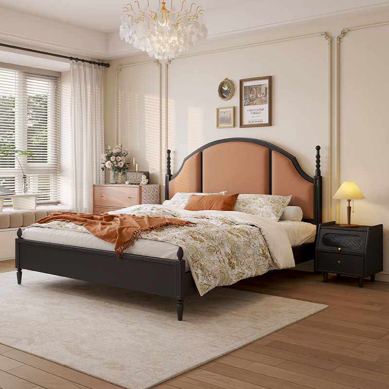 中古风实木床1.8米双人婚床主卧软包美式大床1.5米樱桃色公主单床