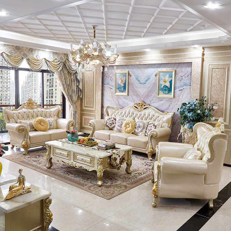 欧式实木沙发123组合香槟金色奢华别墅客厅家具小户型奢华皮沙发