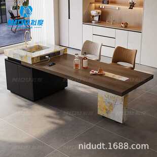 奢石岩板岛台多功能餐桌一体家用小户型可伸缩厨房中岛台实木吧台