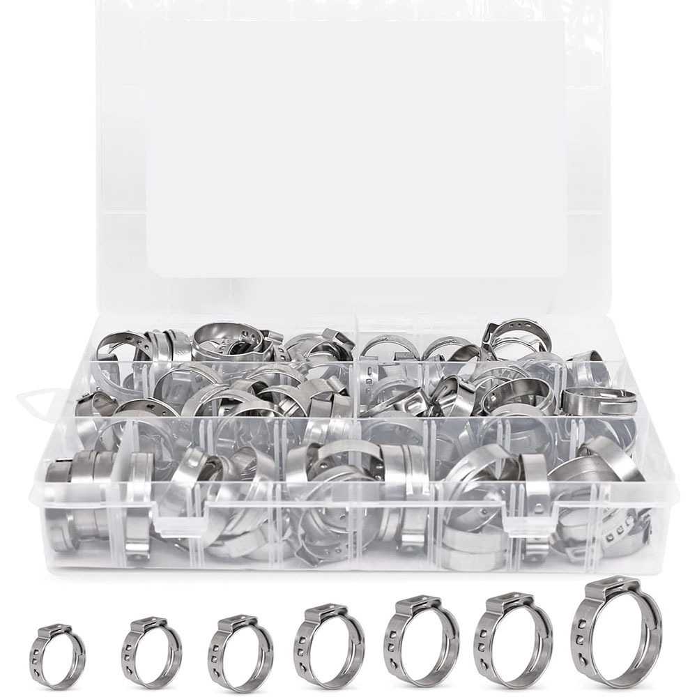 跨境  100PCS 盒装 5种尺寸 304不锈钢无级单耳卡箍喉箍软管夹