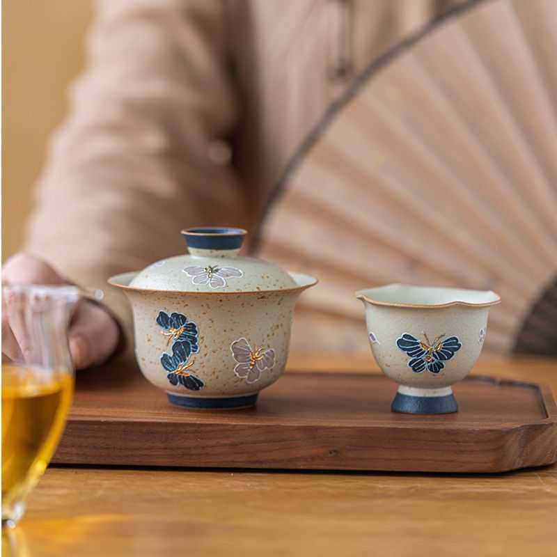 青花火石红手绘幻色蝶二才盖碗家用复古陶瓷带盖茶碗泡茶碗,电子元器件市场,其它元器件,淘宝优惠券,粉丝福利购,淘宝优惠卷