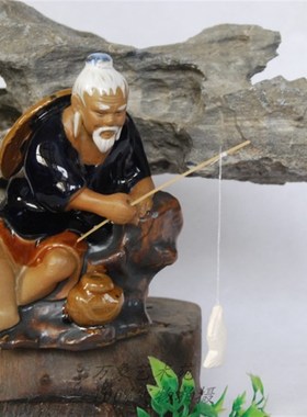 假山盆景鱼缸造景陶瓷人物小摆件渔夫钓鱼K姜太公坐翁装饰品工艺