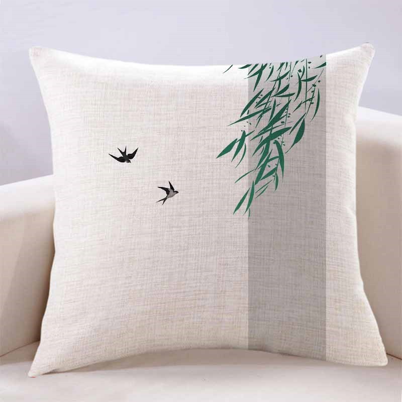 现代中式意境水墨竹叶柳叶t客厅茶室民宿抱枕沙发靠垫套含枕芯靠