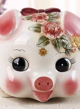 方亚 欧式招财进宝玫瑰小猪存钱筒陶瓷储蓄罐摆设新居礼品工艺品
