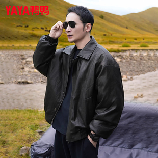 YAYA鸭鸭轻薄羽绒服情侣2025冬季新款男女同款时尚PU皮夹克外套