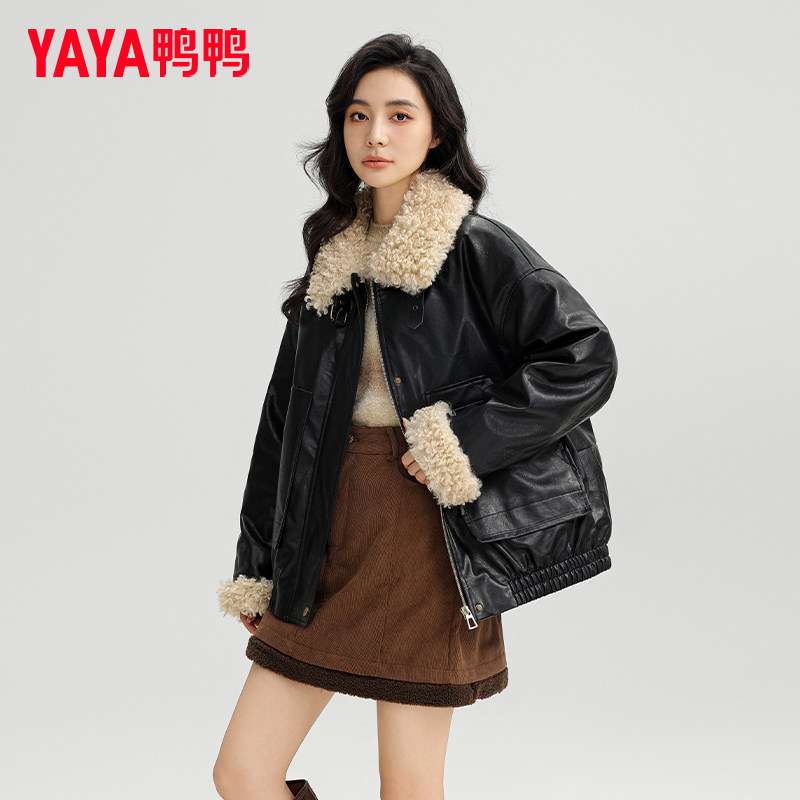 YAYA鸭鸭羽绒服女短款轻薄2025冬季新款小个子防寒pu皮大口袋外套
