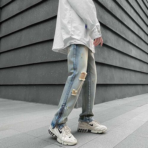Steet tendy Ripped Leg Zipper Pants Yellow Mud Dyed Washed V