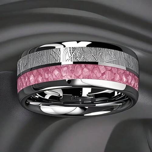 8mm Silver Color Men Stainless Steel Rings, Pink Rose