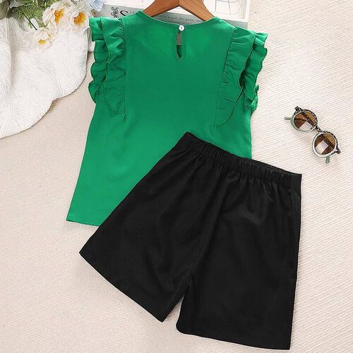 4-12Y Girls Summer Set Round Neck Large Flutter Sleeve Soli