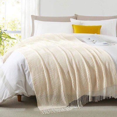 White Boho Throw Blankets Textured Big Knitted Blankets Chun