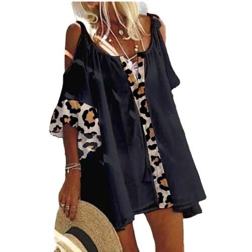 Summer Womens Leopard Print Tops Casual Loose Off-shoulder