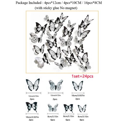 24 Pcs/Set Black White 3D Butterfly Wall Stickers Wedding De