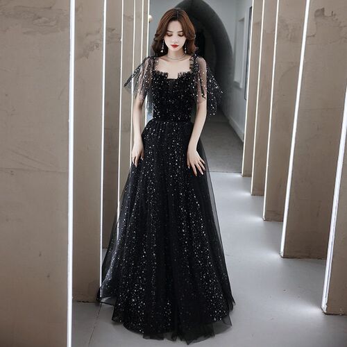 Black Sequins Prom Gown Women Square Neck Tulle Evening Dres