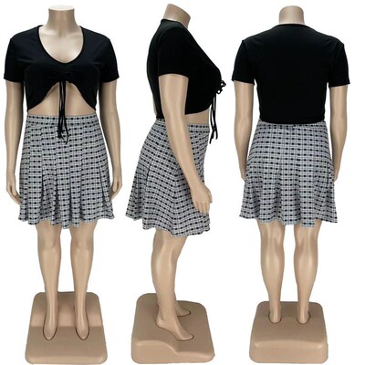 Plus Size Sets Skirts Women Fashion Lace Up Crop Top Mini Pl