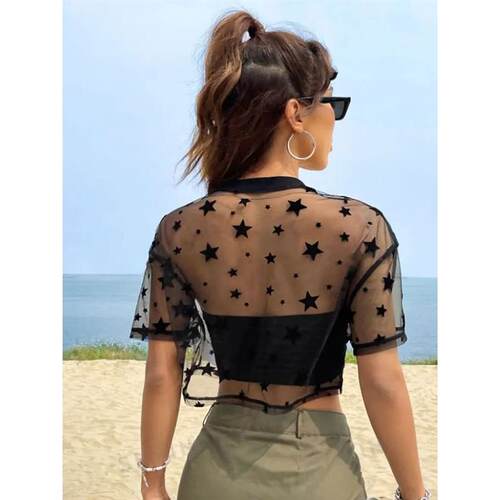 Summer Outfits Star Print Drop Shoulder Crop Mesh Top Withou