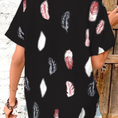 Summer New Womens Polo Neck Feather Print Short Sleeve Top