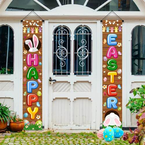 1 Pair Easter Colorful Bunny Door Hanging Flag Happy Easter