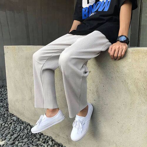 Pleated Straight Pants Mens Elastic Waist Casual Pants Men