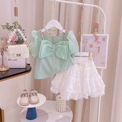 Girls Suit Summer New Short-sleeved Bow Western Style Top P