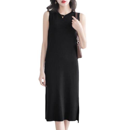 Black knit vest long dress women summer new ice silk dress i