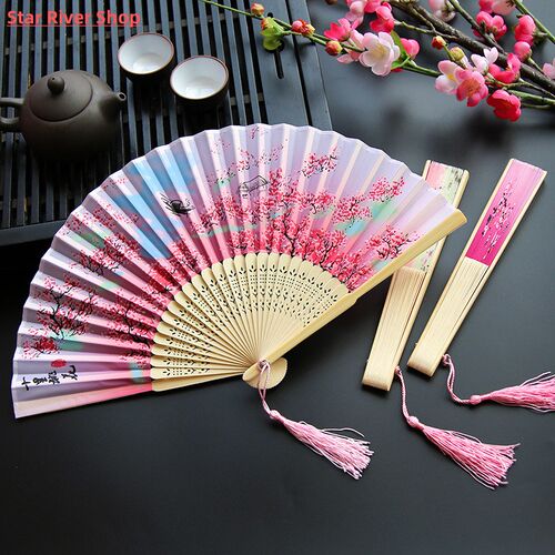 Chinese Japanese Folding Fan Wooden Shank Classical Dance Fa